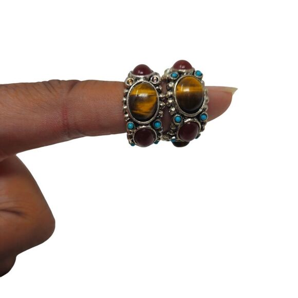 Vintage R.J. Graziano Silver Metal Tiger Eye & Turquoise Half Hoop Clip-On Earri - Picture 2 of 9